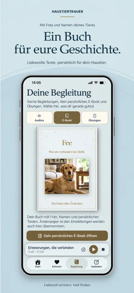 App-Mockup Haustiertrauer E-Book mit Vorschau eines Gedenkbuches für Hund Fee