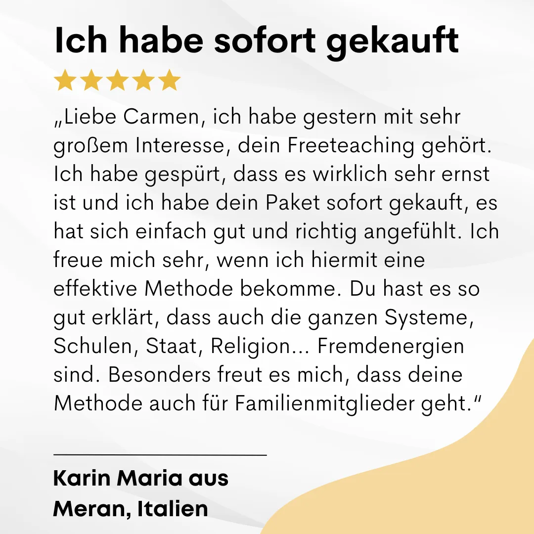 Kundenstimme: Karin Maria aus Meran/Italien mit 5-Sterne-Bewertung über Ausbildung zum Energy Field Expert – effektive Method