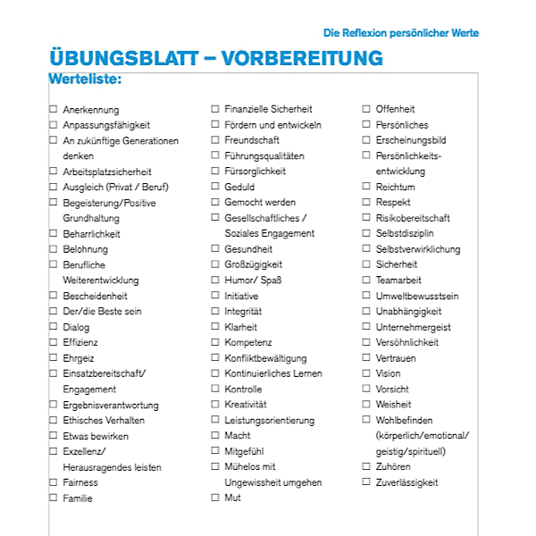 Übungsblatt mit Werteliste zum Ankreuzen, mehrspaltige Auflistung von Werten