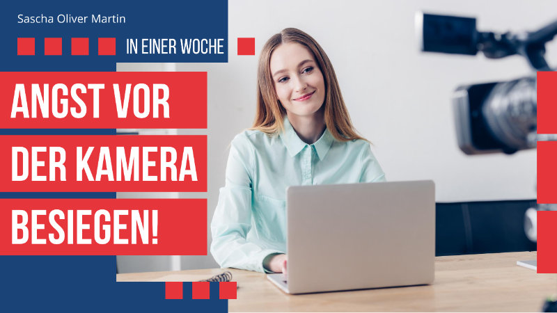 Hero-Banner mit Frau am Laptop vor Kamera, Text „Angst vor der Kamera besiegten