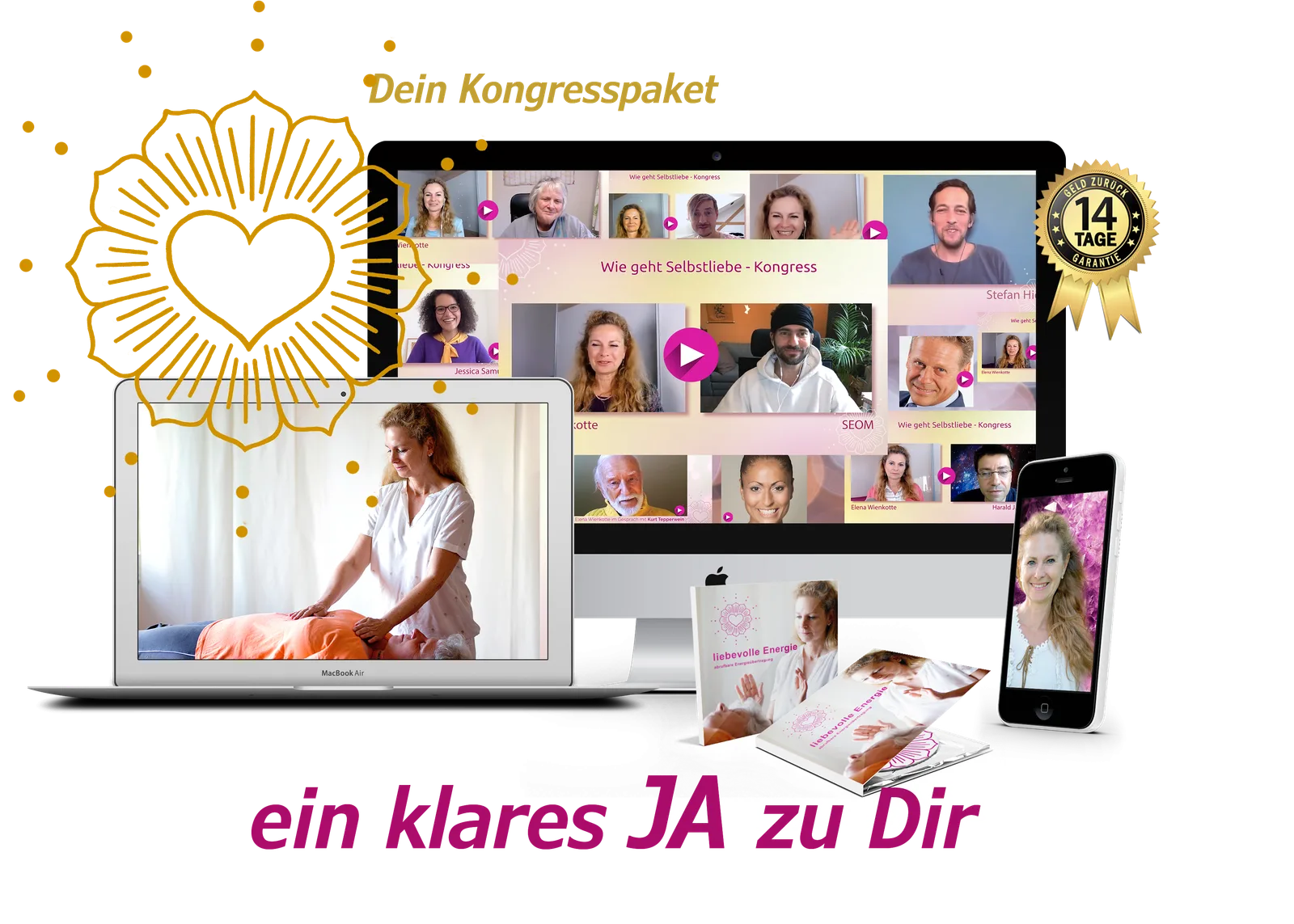 Wie geht Selbstliebe? – Videokongress zur Selbstliebe 3 Mockup zeigt Kongresspaket auf verschiedenen Geräten: Laptop, Desktop-Monitor, Smartphone und gedruckte Materialien mit 14-Ta