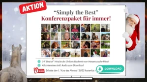 Konferenzpaket-Aktionsbanner mit Weihnachtsmotiv und Santa, zeigt 34 Video-Thumbnails von Pferdeexperten und Trainern