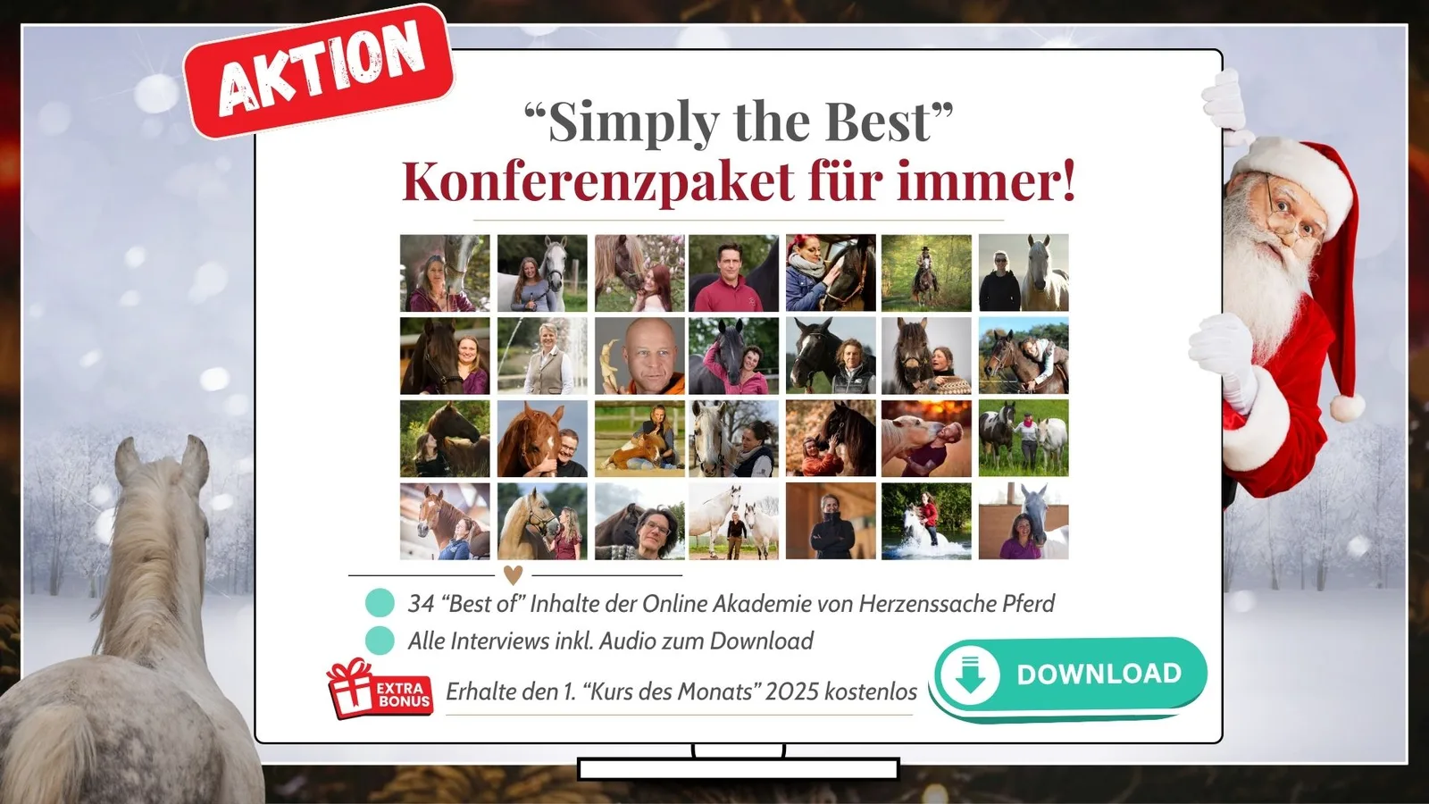 Konferenzpaket-Aktionsbanner mit Weihnachtsmotiv und Santa, zeigt 34 Video-Thumbnails von Pferdeexperten und Trainern