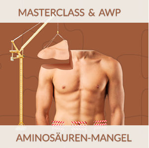 Produktabbildung Masterclass & AWP 49 mit Aminosäuren-Mangel Motiv und männlichem Oberkörper