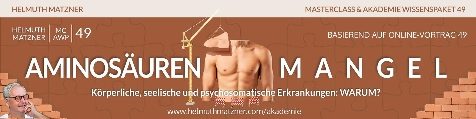 LP-Banner Aminosäuren-Mangel mit Helmuth Matzner und männlichem Oberkörper vor braunem Hintergrund