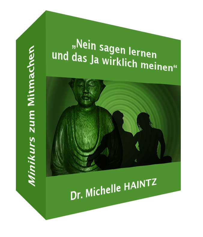 Produktbox Nein sagen in Grün mit Buddha-Statue und Silhouetten, Minikurs von Dr. Michelle Haintz