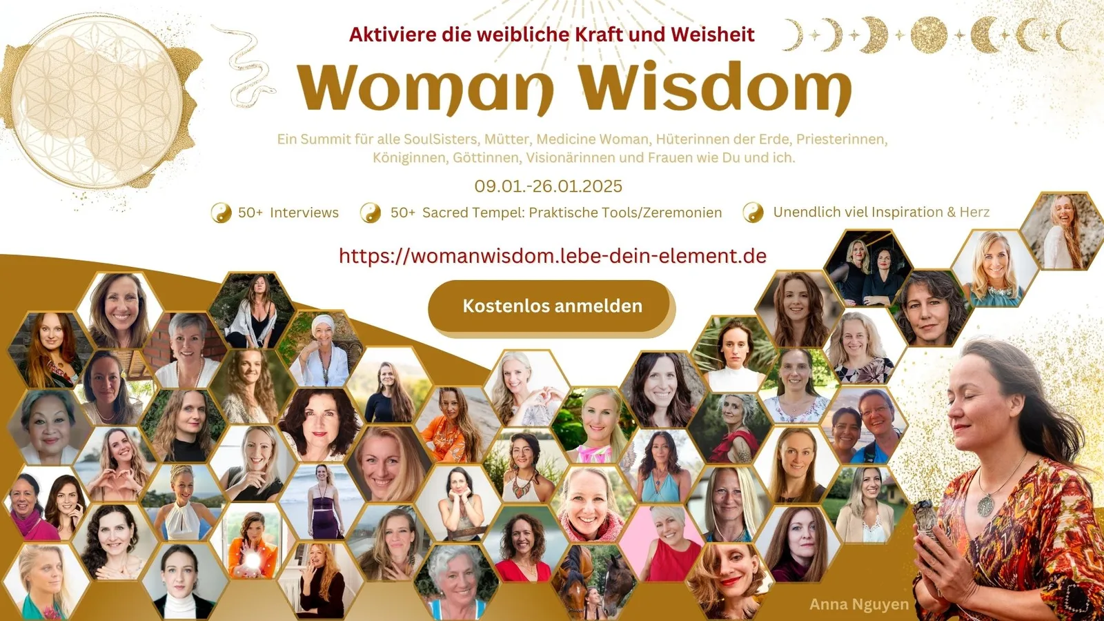 Woman Wisdom Summit Startseite mit Blütenornament, Mondphasen und Frauenporträts in Waben