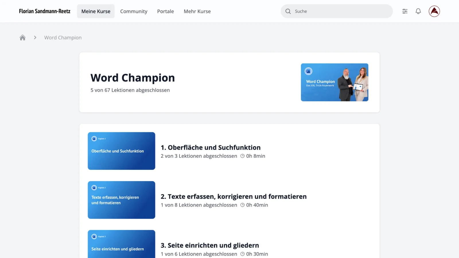 Screenshot Word Champion Kursübersicht mit Kapiteln und Lektionen