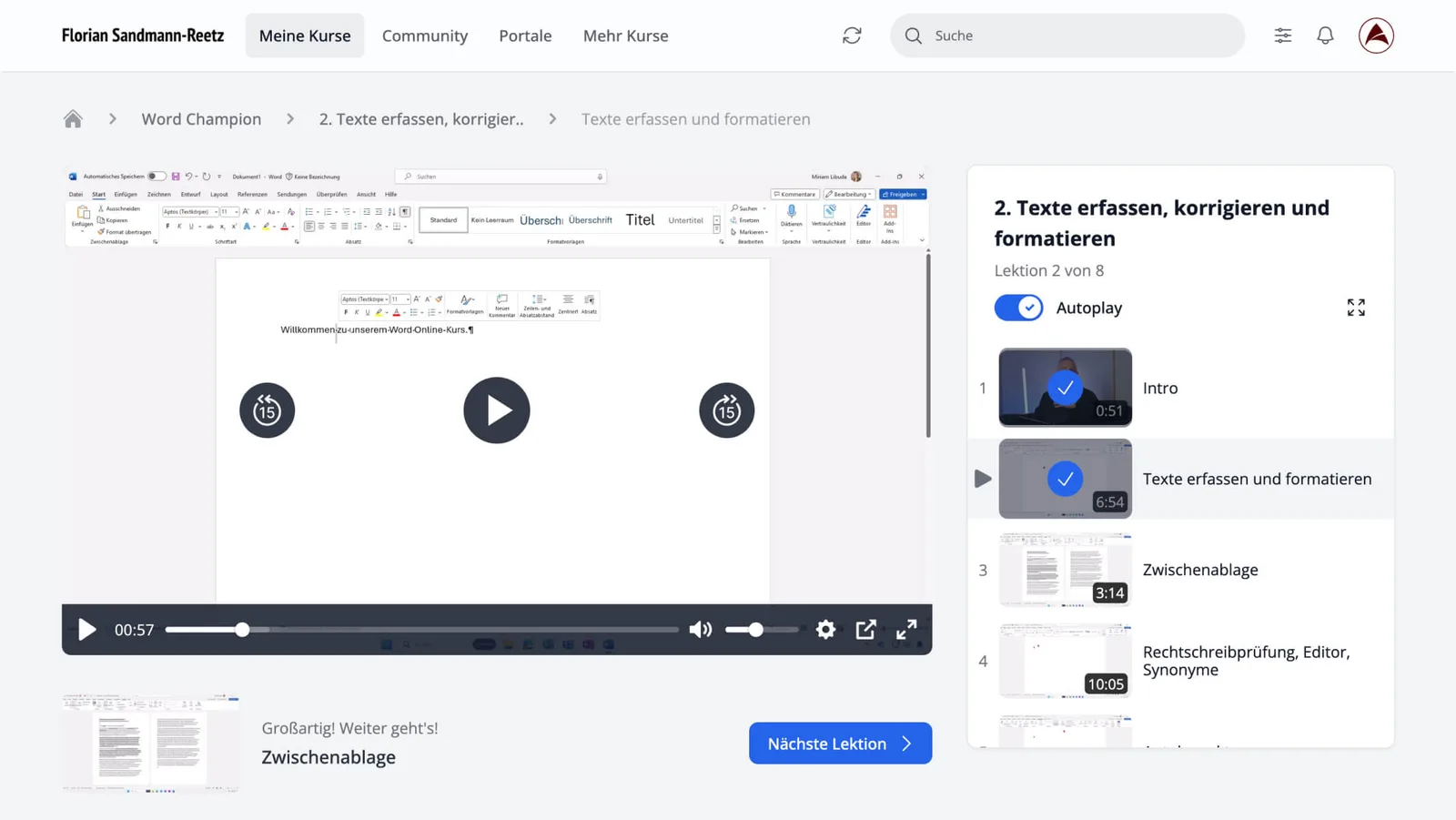 Screenshot Word Champion Lektion 2 mit Videoplayer und Lerninhalten