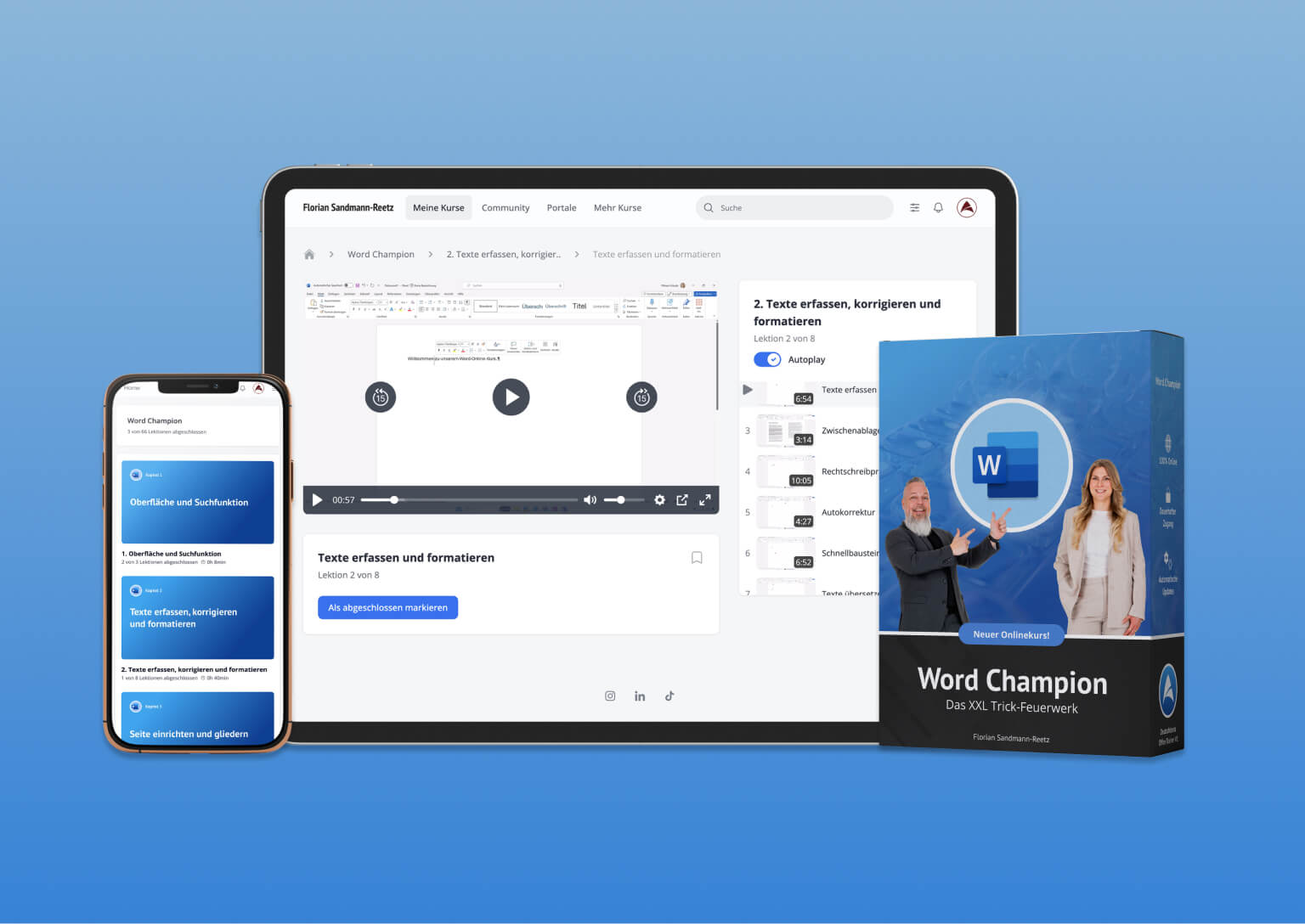 Word Champion Videokurs mit Smartphone, Tablet und Produktbox auf blauem Hintergrund