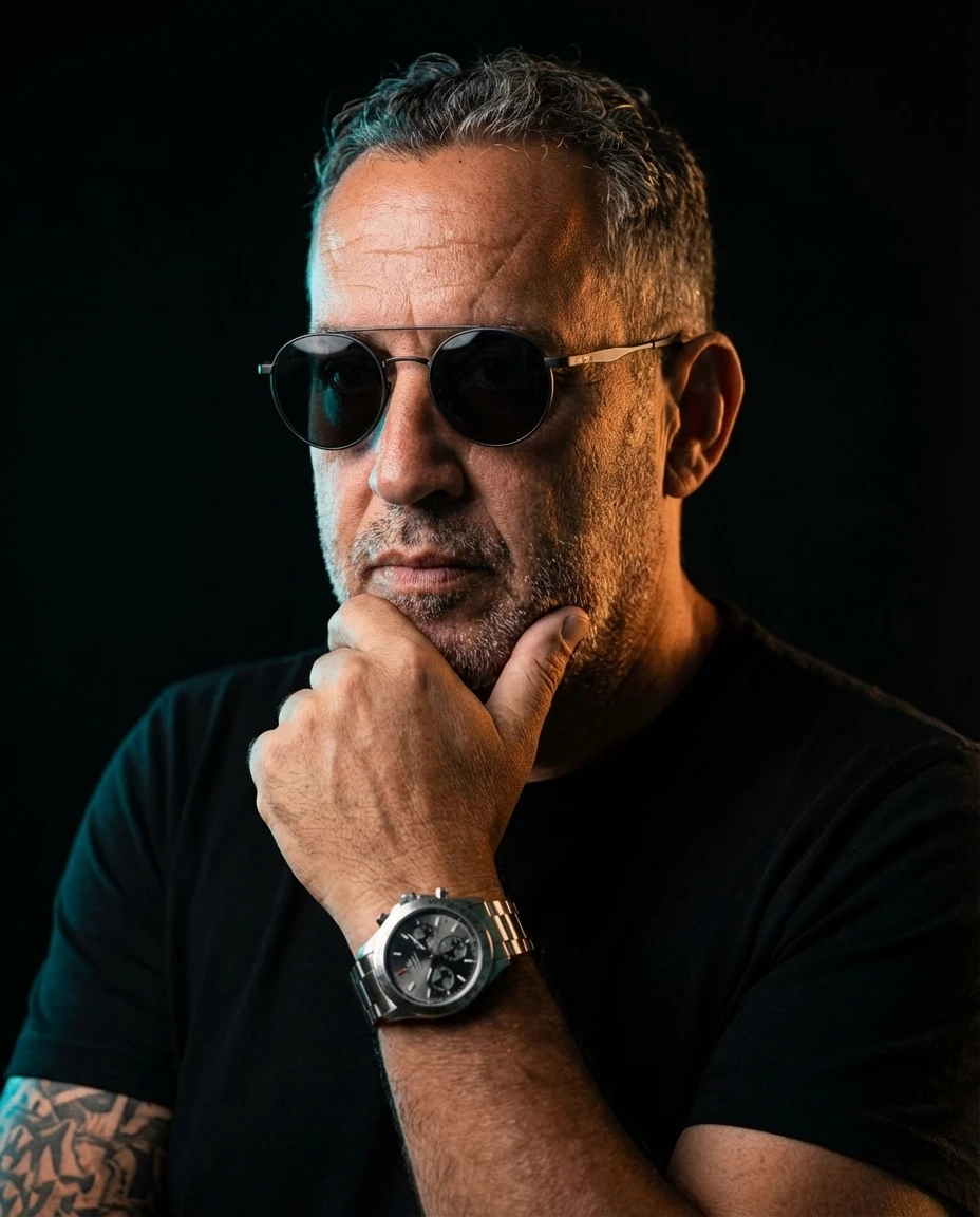 WordPress Sicherheits Hackz – Videokurs zum Website-Schutz 1 Porträt von Ralf Schmitz mit Sonnenbrille und Uhr, nachdenkliche Pose vor schwarzem Hintergrund