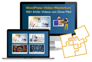 Mockup WordPress-Video-Masterkurs auf Desktop- und Tablet-Displays mit Kursvideos und Illustrationen