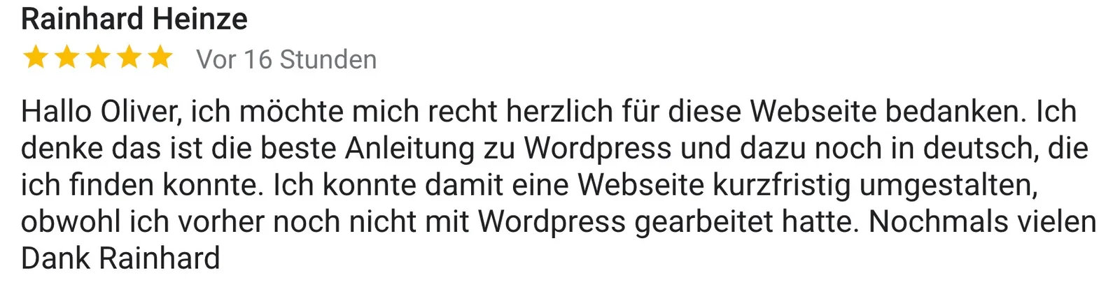 Google-Rezension von Rainhard Heinze mit 5 Sternen zur WordPress-Anleitung