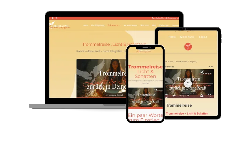 Responsive Design-Mockup der Trommelreise-Website auf Laptop, Tablet und Smartphone