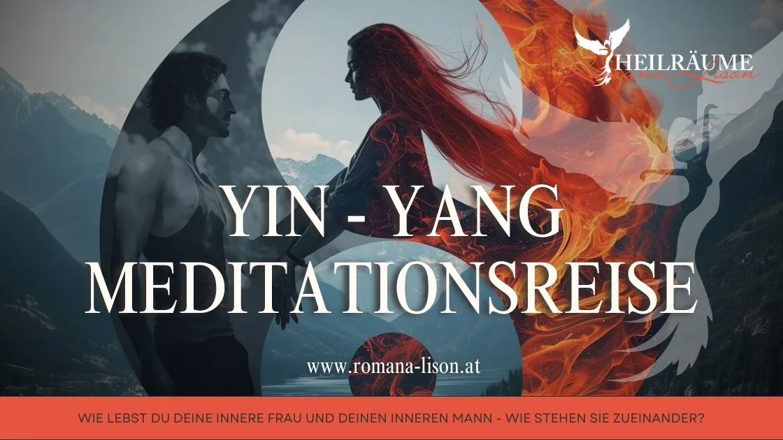 Yin-Yang Meditationsreise mit Frau in Feuer und Mann in Wasser vor Berglandschaft