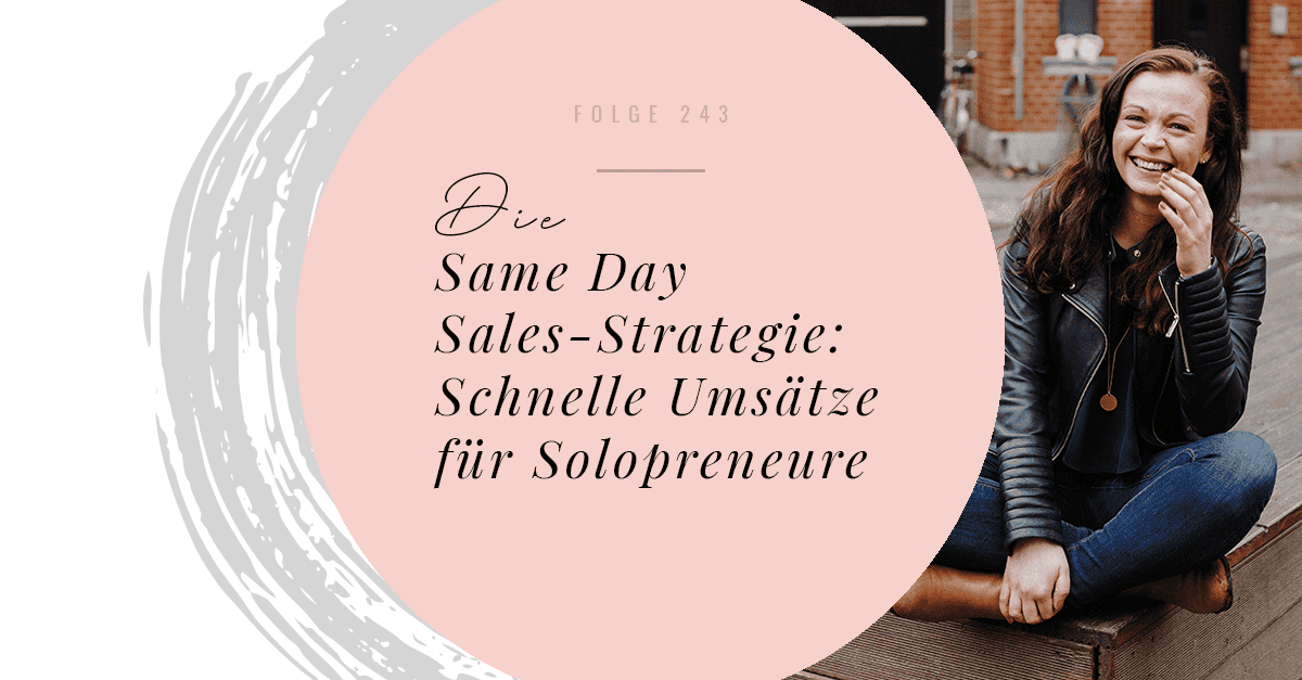Junge Frau sitzt lachend neben rosa Kreis mit Text, Same Day Sales Strategie Thema