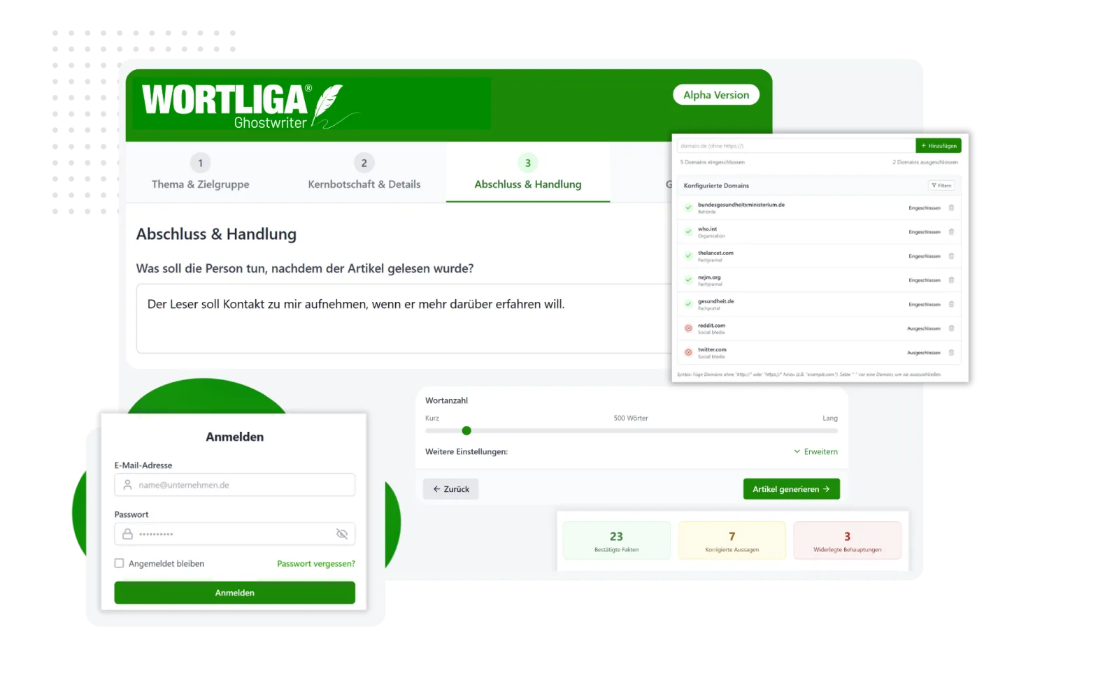 Wortliga Ghostwriter Alpha Version Interface mit Login-Formular und Artikel-Generierungs-Workflow in drei Schritten
