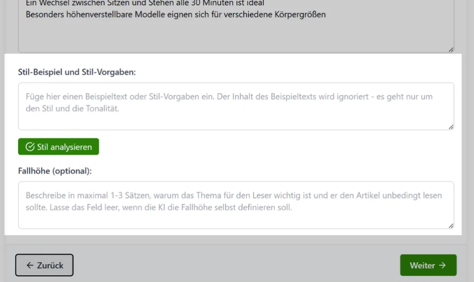 Screenshot des Formulars Kernbotschaft & Details mit Feld Stil-Beispiel und Stil-Vorgaben und Fallhöhe