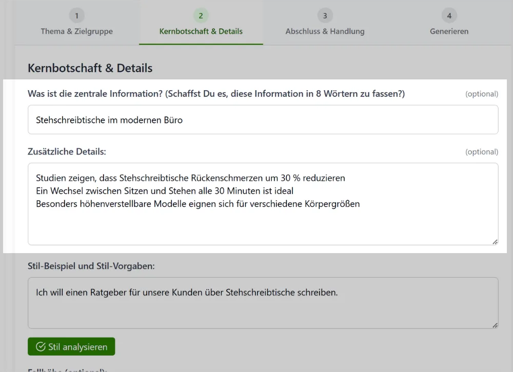Screenshot des Formulars Kernbotschaft & Details mit Eingabefeldern für zentrale Information und zusätzliche Details
