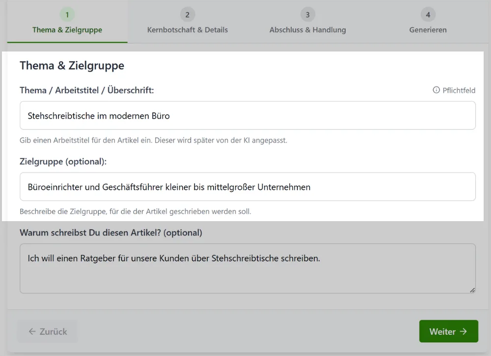 Screenshot des Formulars Thema & Zielgruppe mit Eingabefeldern für Arbeitstitel und Zielgruppenbeschreibung