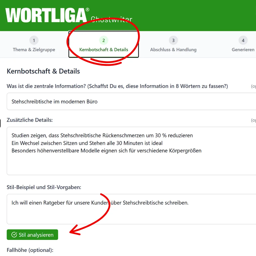 Wortliga Ghostwriter Schritt 2 Kernbotschaft & Details mit rot markiertem Analysieren-Button und Stil-Vorgaben
