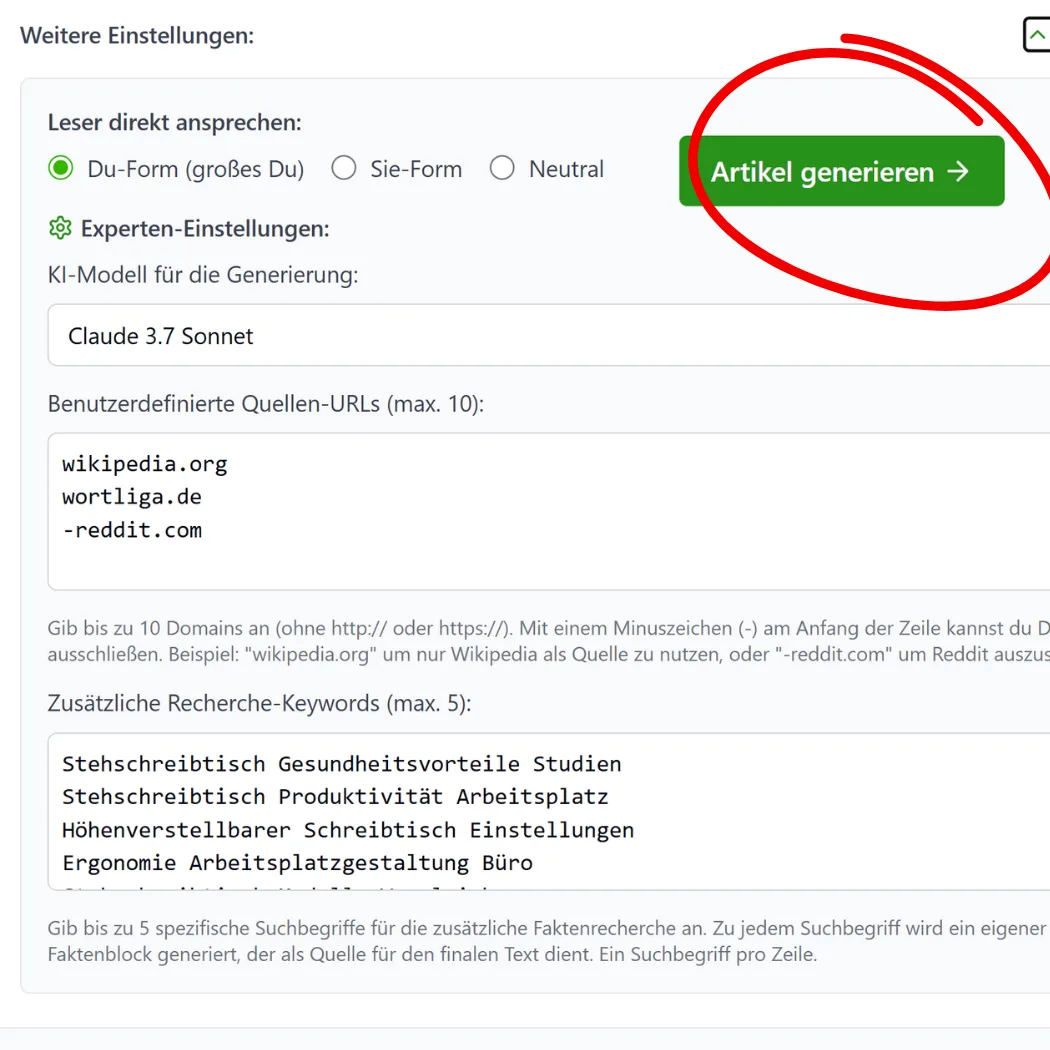 Wortliga Ghostwriter Experteneinstellungen mit KI-Modell, benutzerdefinierten Quellen und Recherche-Keywords