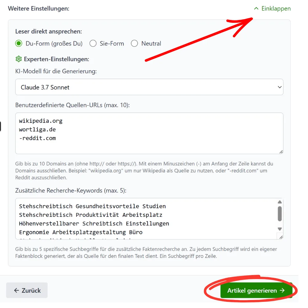 Screenshot der erweiterten Einstellungen mit KI-Modell, Quellen-URLs und Keywords, mit rotem Pfeil und Kreis