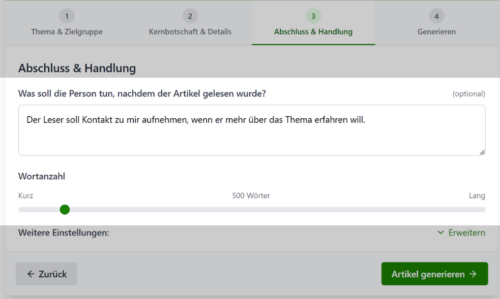 Screenshot des Formulars Abschluss & Handlung mit Feldern für Call-to-Action und Wortanzahl