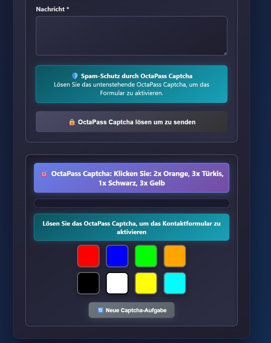 WP-Login OctaPass Captcha – Agentur-Lizenz 1 OctaPass Captcha Screenshot mit Sicherheitsprüfung in Blau und Türkis, Farbauswahlaufgabe