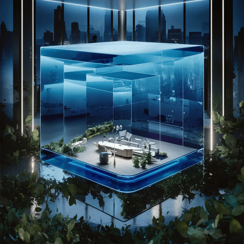 WP-Login OctaPass Captcha – Agentur-Lizenz 6 Transparenter Glaskubus mit Büroraum innen, Neon-Lichter, Stadtpanorama, moderne Architektur