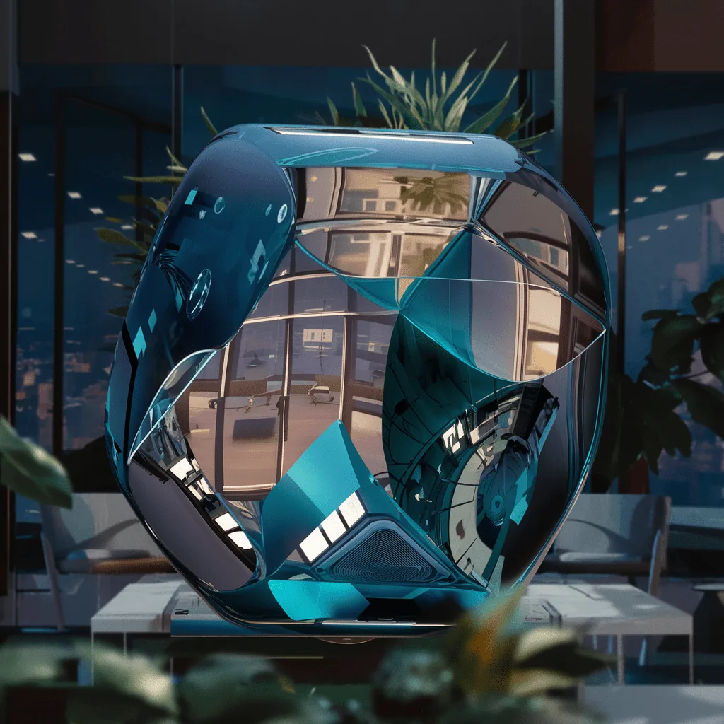 WP-Login OctaPass Captcha – Agentur-Lizenz 7 Concept Art futuristische Beratungsraum in Blau-Türkis mit geometrischer Architektur, Glas und Transparenz