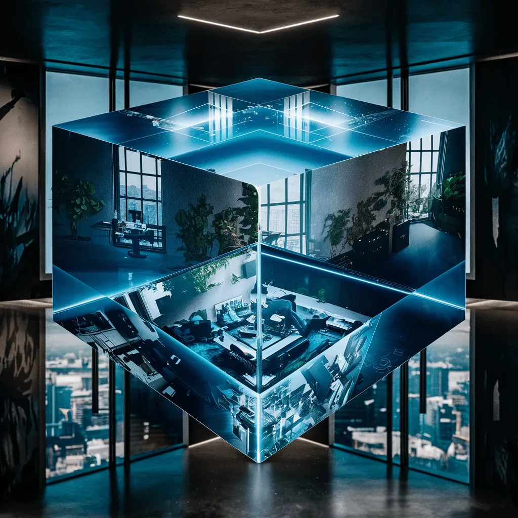 WP-Login OctaPass Captcha – Agentur-Lizenz 8 Mehrschichtiger transparenter Glaskubus mit Büroebenen, blaue Neon-Akzente, Stadtansicht im Hintergrund