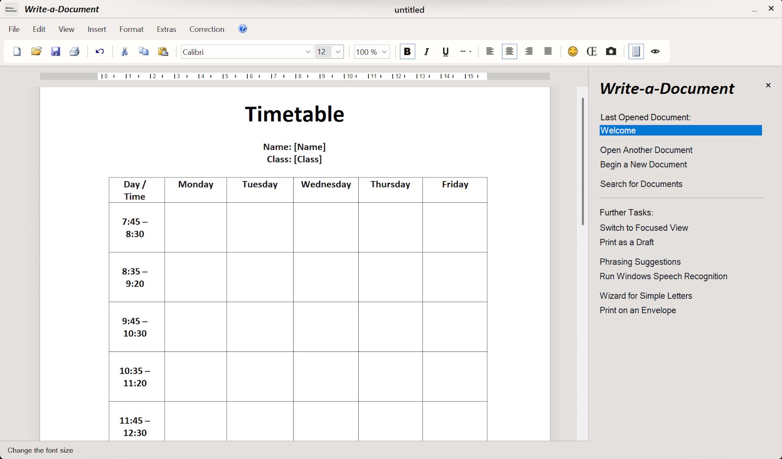 Write-a-Document 7.0 – Textverarbeitung für Windows 10 Write-a-Document Stundenplan-Vorlage mit englischen Beschriftungen (Timetable, Name, Class)