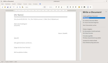 Write-a-Document 7.0 – Textverarbeitung für Windows 4 Write-a-Document Schreibprogramm-Oberfläche mit Brief-Vorlagen-Beispiel und Seitenleiste