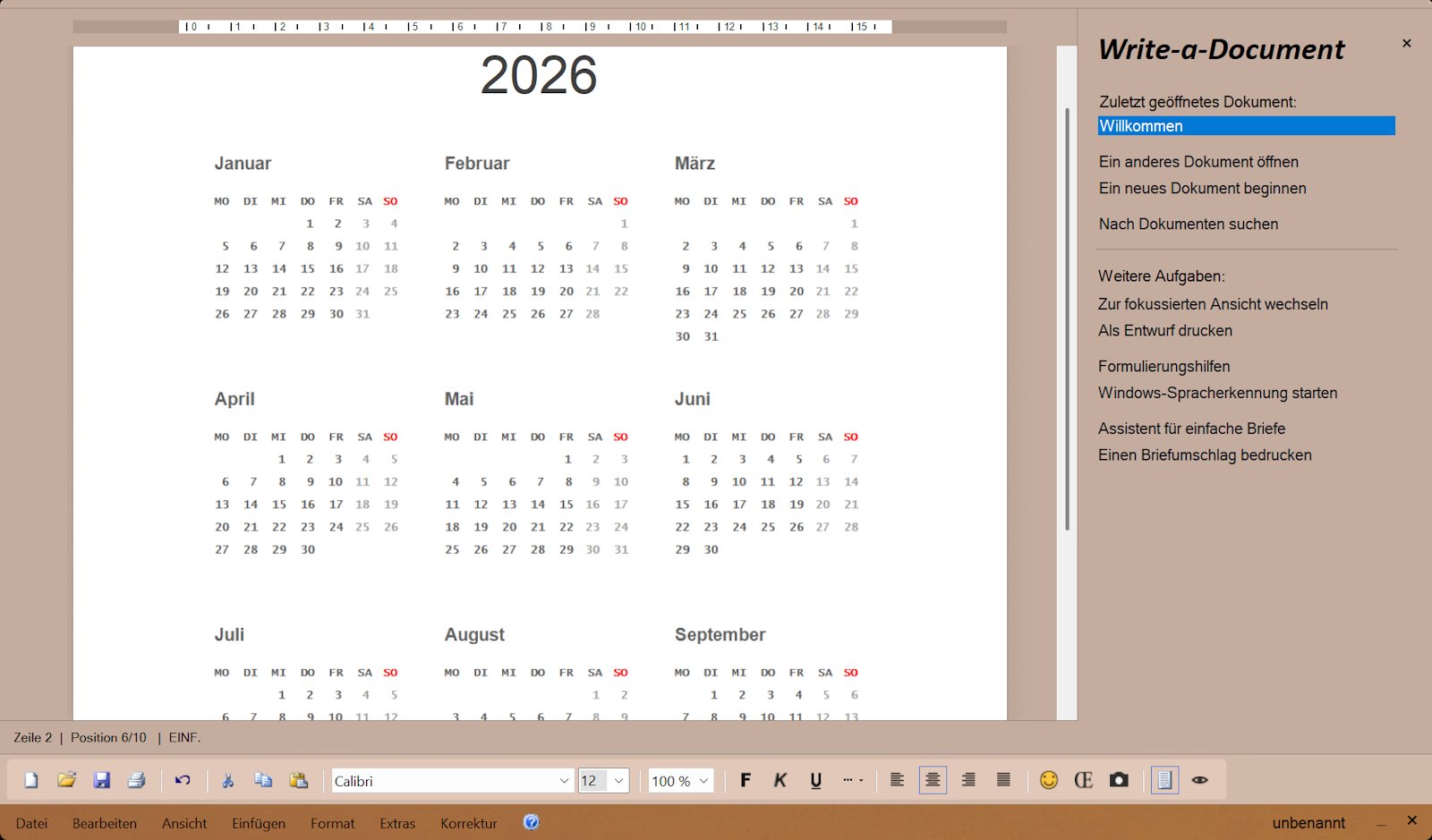 Write-a-Document 7.0 – Textverarbeitung für Windows 5 Write-a-Document Kalender 2026 mit Monatsübersicht von Januar bis September