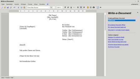 Write-a-Document 7.0 – Textverarbeitung für Windows 3 Screenshot von Write-a-Document Schreibprogramm mit Dokumentvorlage und Hilfsfenster auf der rechten Seite