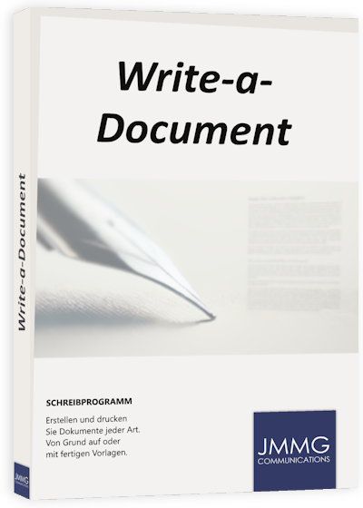Write-a-Document 7.0 – Textverarbeitung für Windows 9 Write-a-Document Softwarepaket-Cover mit Stiftsymbol und JMMG Communications-Logo