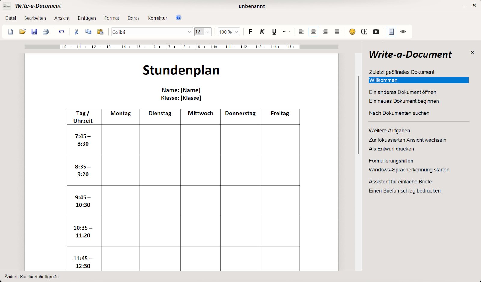 Write-a-Document 7.0 – Textverarbeitung für Windows 1 Write-a-Document Stundenplan-Vorlage mit Tabelle für Wochentage und Uhrzeiten, Name- und Klassenfeld