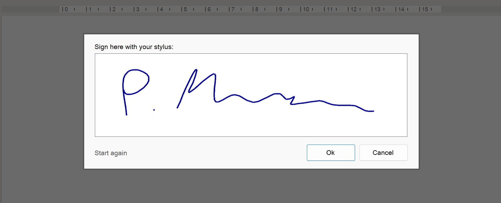 Write-a-Document 7.0 – Textverarbeitung für Windows 7 Write-a-Document Signatur-Eingabefeld mit blauer Stift-Unterschrift und OK-/Abbrechen-Tasten