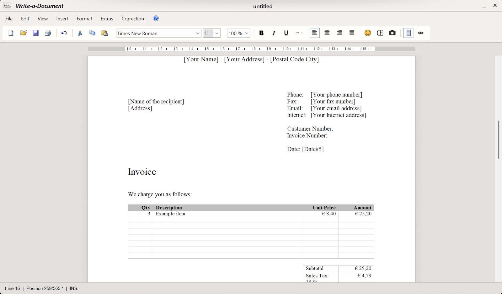 Write-a-Document 7.0 – Textverarbeitung für Windows 6 Write-a-Document Rechnung-Vorlage mit Kopfzeilenfeld, Empfängeradresse und Tabellenbereich für Positionen