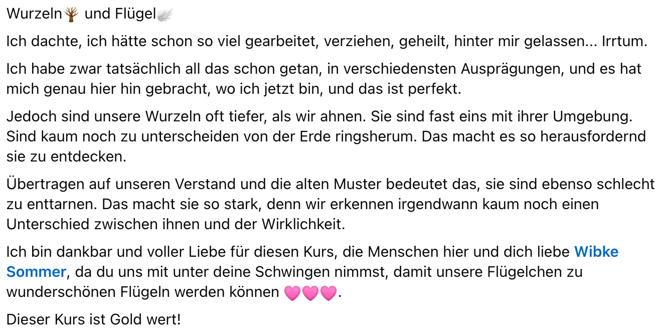 Kundenstimme zum Kurs Wurzeln & Flügel von Wibke Sommer mit Testimonial über Kursinhalt und Dankbarkeit