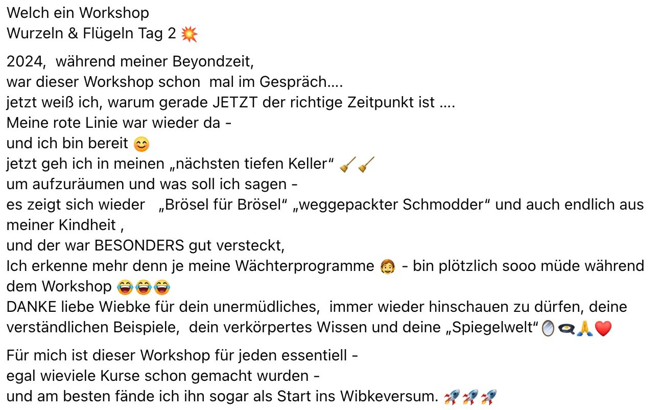 Kundenbewertung Wurzeln & Flügeln Tag 2 Workshop mit Emotionalen Erkenntnissen