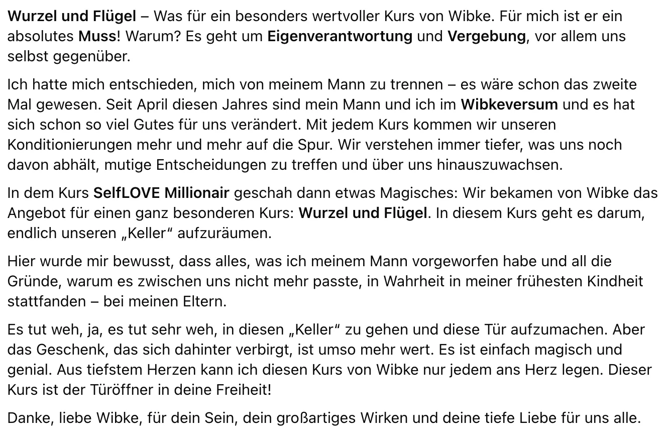 Paar-Kundenbericht über gemeinsame Transformation und Liebesbeziehung durch Wurzeln Flügel Kurs