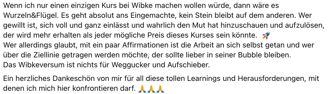 Kundenstimme zur Tiefenwirkung und Transformationskraft des Wurzeln & Flügel Kurses