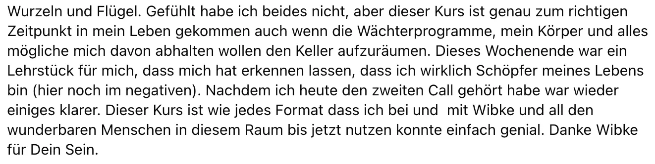 Kundenstimme zum Videokurs Wurzeln und Flügel von Wibke Sommer, positive Bewertung zur persönlichen Transformation