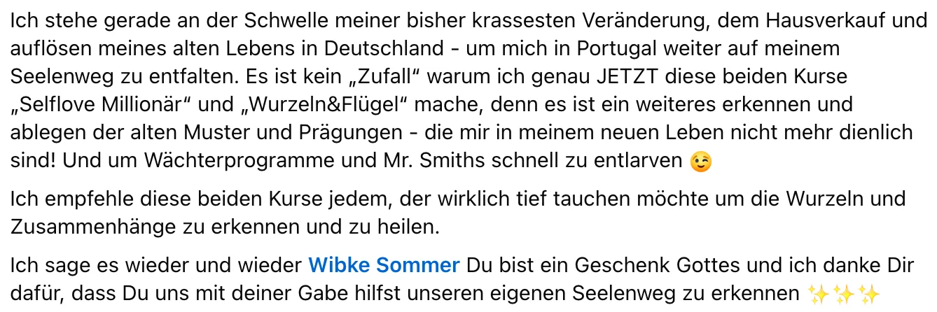 Ausführliche Kundenbewertung über persönliche Transformation und Veränderung durch den Kurs