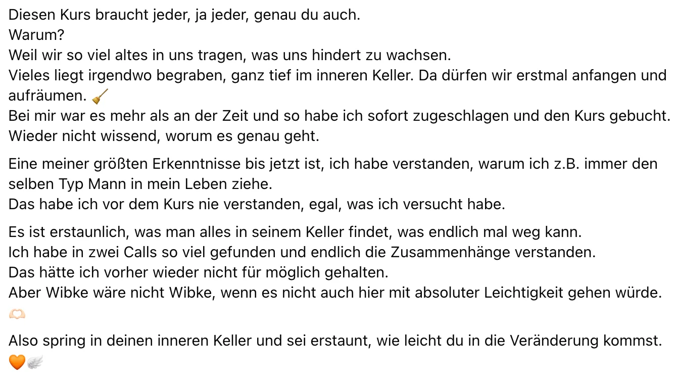 Testimonial über tiefe Erkenntnisse und Verständnis unbewusster Muster durch den Kurs