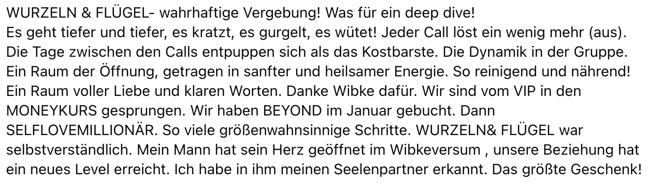 Ausführliche positive Bewertung mit Fokus auf tiefe Transformation und Beziehungswachstum