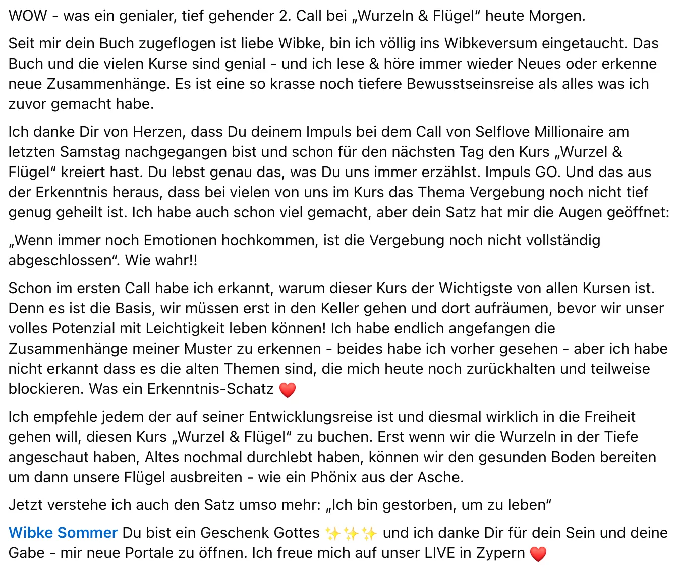 Positive Kundenstimme nach zweiter Kurs-Sitzung mit Erkenntnis zur Vergebung