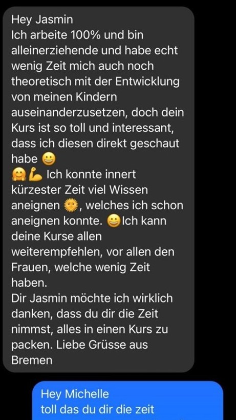 Screenshot einer Kundenbewertung über den Kurs von Jasmin für berufstätige Mütter